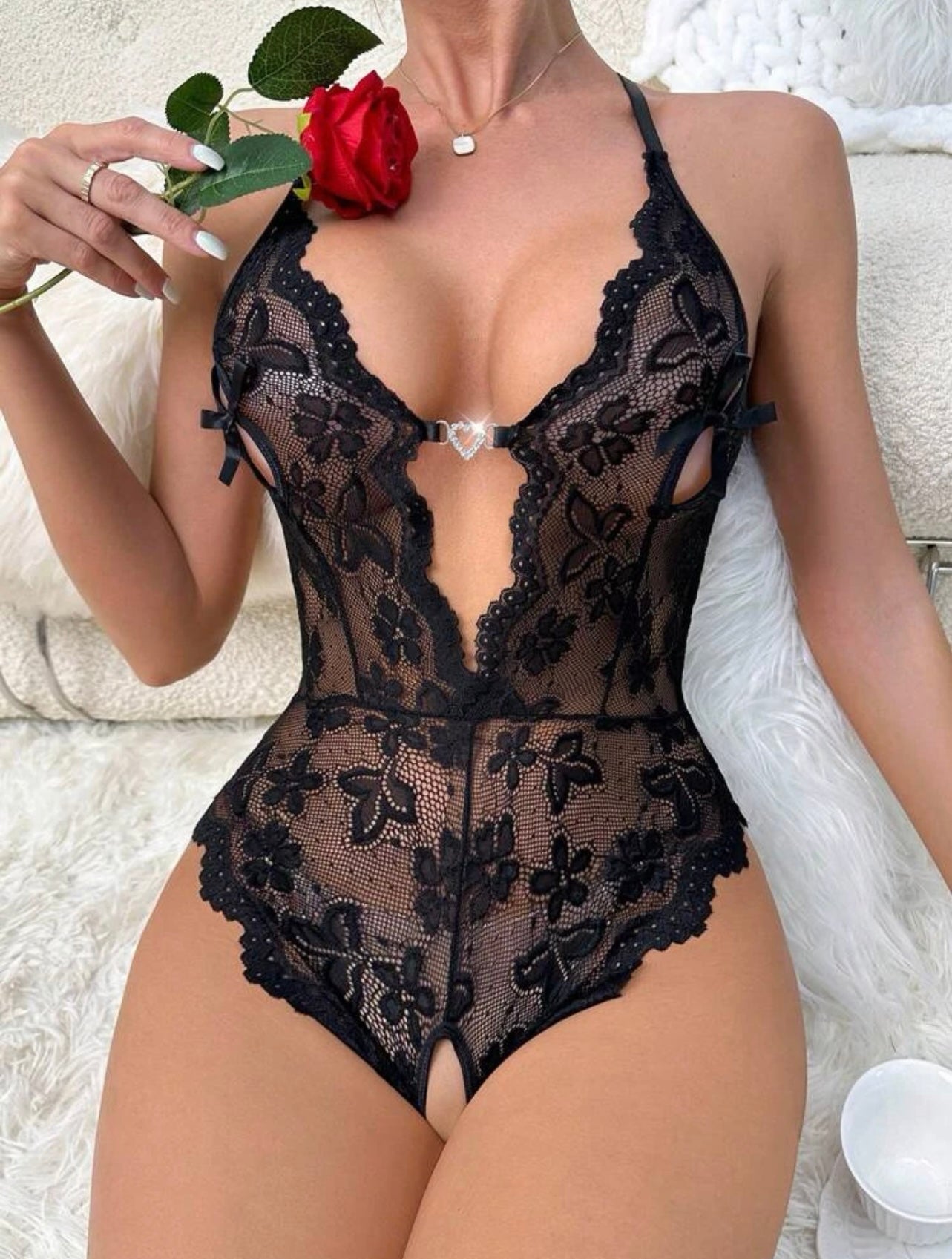 Women's One-Piece Lingerie Sexy Lace Bodysuit Deep V One-Piece Babydoll Nightgown